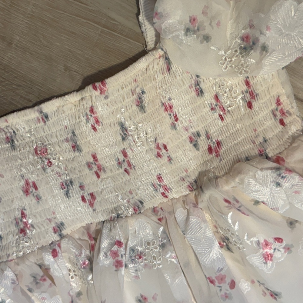 Altar'd State Cream Smocked Top with Subtle Pastel Floral - Picture 3 of 8